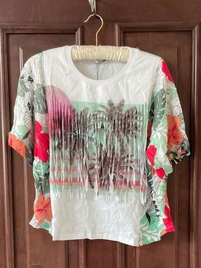 Desigual White Tee with Coral & Mint Tropical Fringe